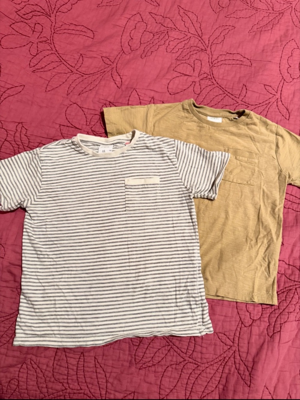 Zara Boys Striped Cream/Gray Pocket Tee & Zara Tan Pocket Tee (4-5 Years)